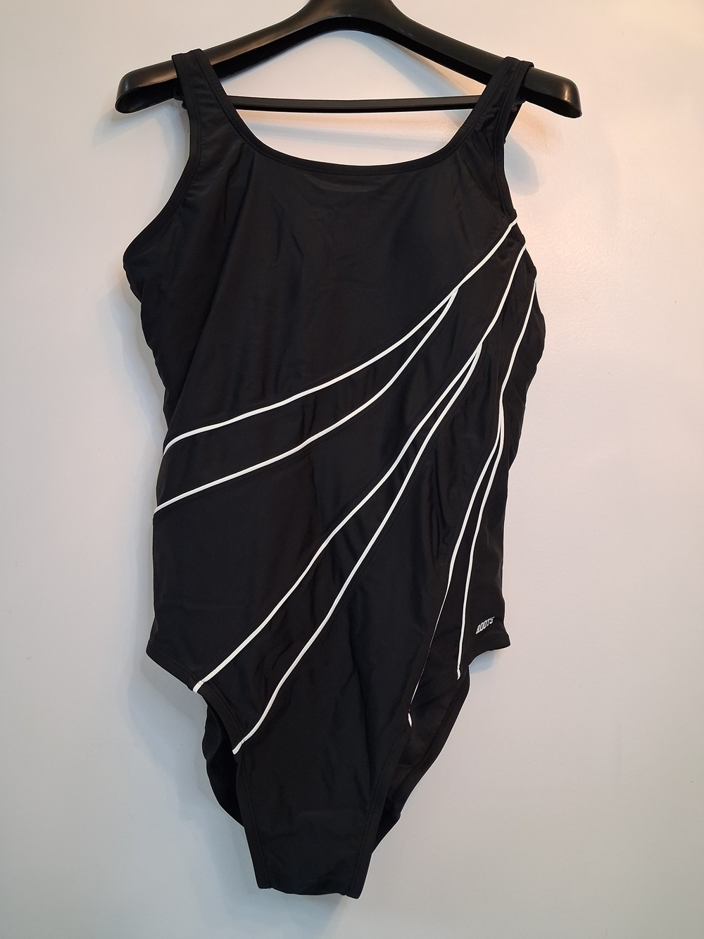 Roots Black One-Piece Swimsuit White Stripe Accents